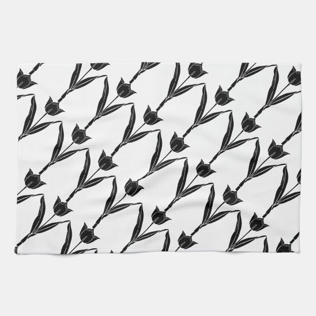 Black Tulip, Black and White, Flower, Floral Tea Towel (Horizontal)