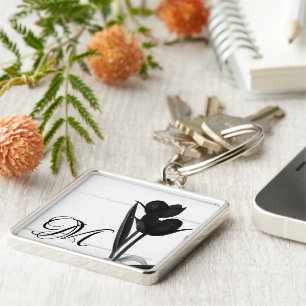 Black Tulips Personalized Initial Key Ring