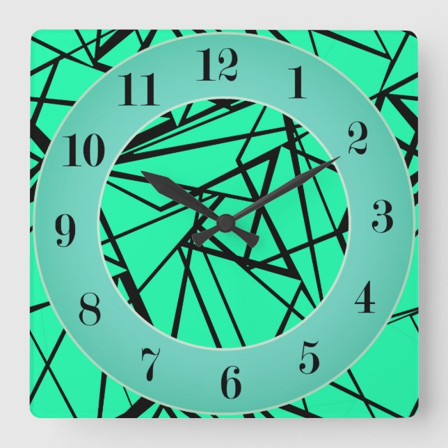 Black turquoise abstract square wall clock (Front)