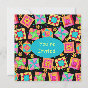 Black Turquoise Colourful Patchwork Quilt Block Ar Invitation