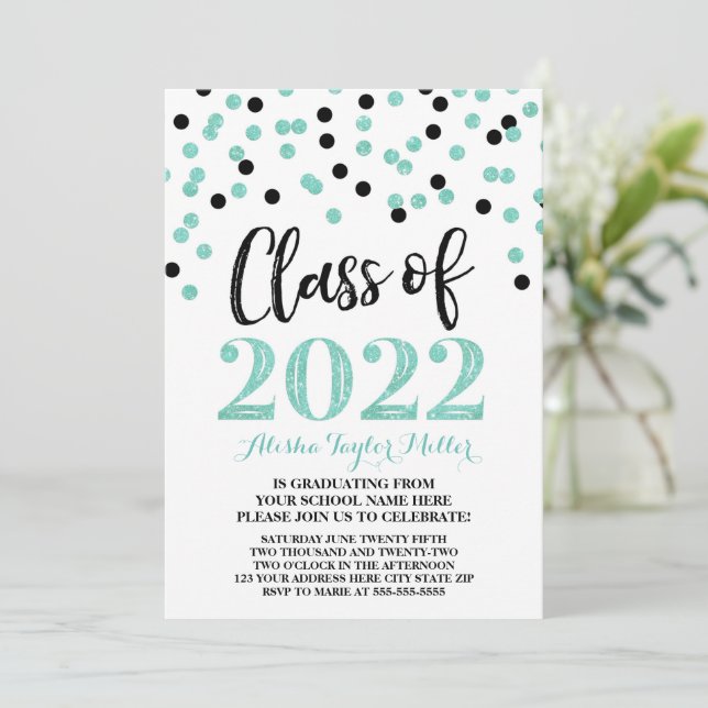 Black Turquoise Confetti Graduation Party 2022 Invitation (Standing Front)