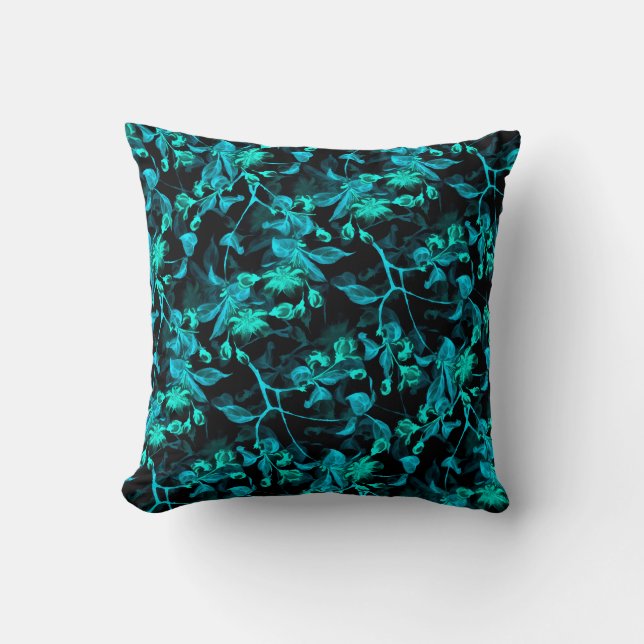 Black & Turquoise Elegant Floral Pattern Cushion (Front)