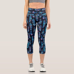 Black & Turquoise Feather Pattern Capri Leggings