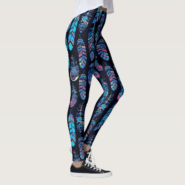 Black & Turquoise Feather Pattern Leggings (Right)