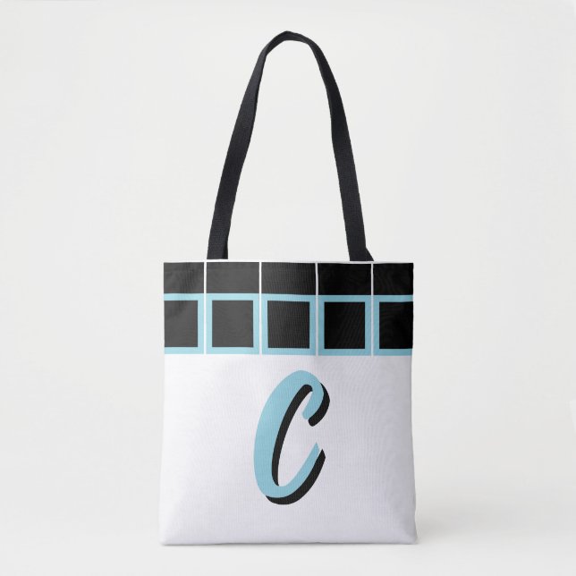 Black & Turquoise Geometric Monogram Tote Bag (Front)