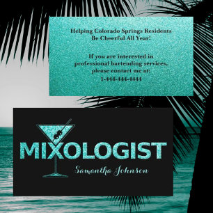 Black & Turquoise Glitter Bartender Business Card
