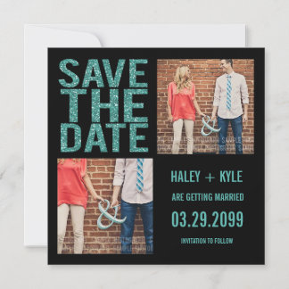 Black & Turquoise Glitter Save the Date Photo Card
