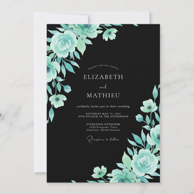 Black Turquoise Leafy Wedding Invitation (Front)