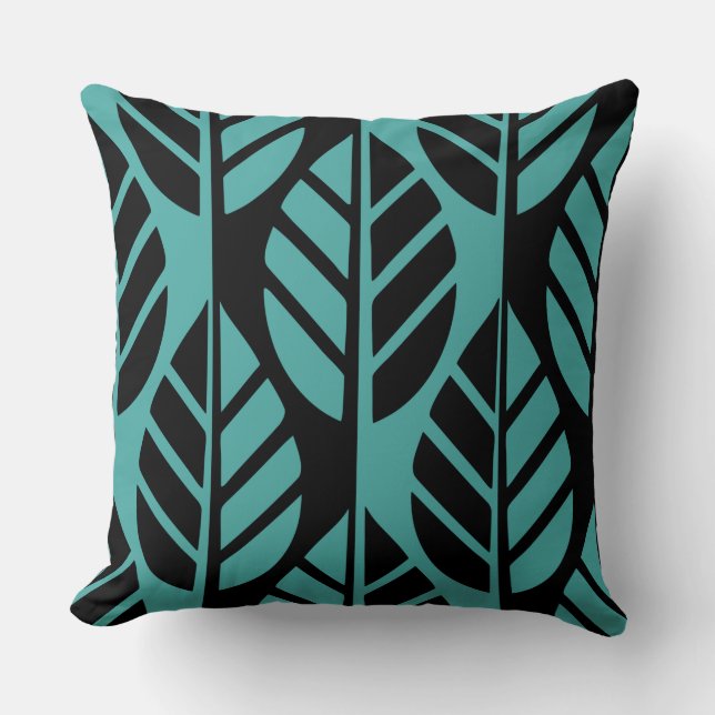 Black & Turquoise Leaves Pattern Throw Pillow (Front)