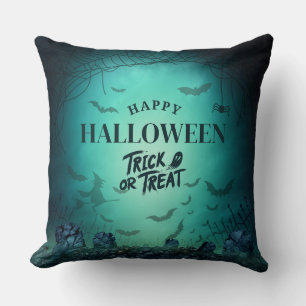 black turquoise modern happy Halloween Cushion