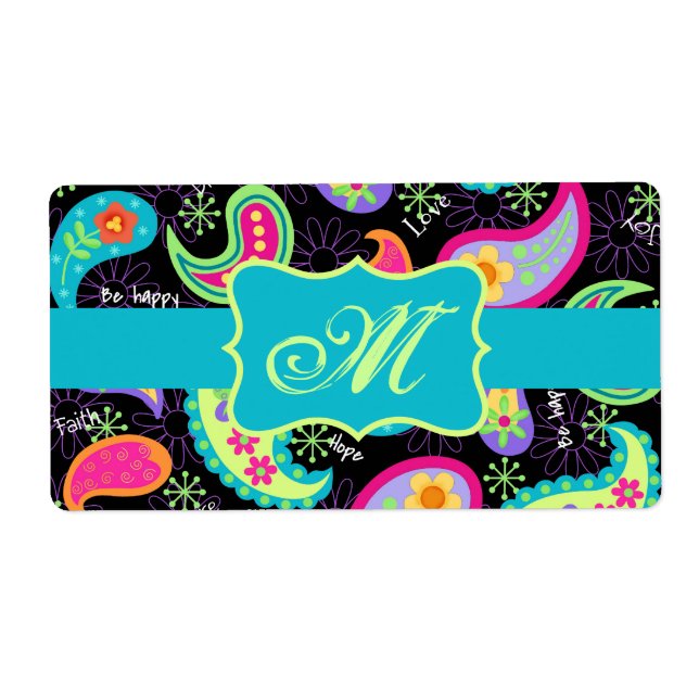 Black Turquoise Modern Paisley Pattern Monogram (Front)