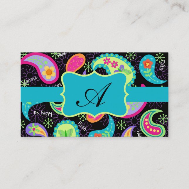 Black Turquoise Modern Paisley Pattern Monogram Business Card (Front)