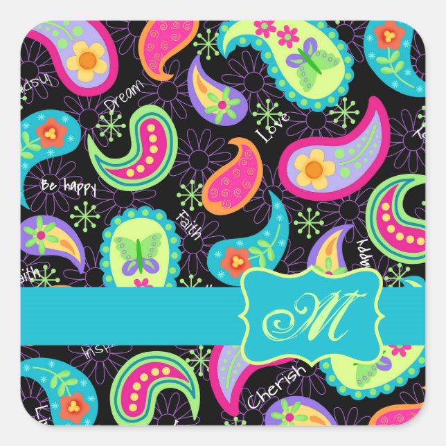 Black Turquoise Modern Paisley Pattern Monogram Square Sticker (Front)