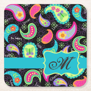 Black Turquoise Monogram Personalised Mod Paisley Square Paper Coaster