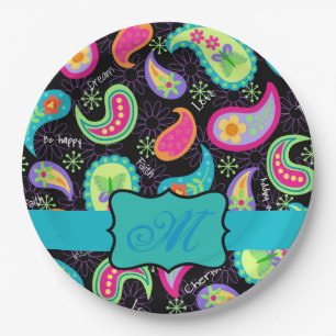 Black Turquoise Monogram Personalized Mod Paisley Paper Plate