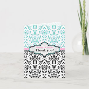 Black turquoise pink damask wedding Thank You Card