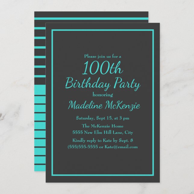 Black Turquoise Striped 100th Birthday Party Invitation (Front/Back)