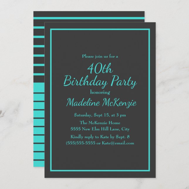 Black Turquoise Striped 40th Birthday Party Invitation (Front/Back)