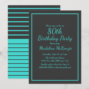 Black Turquoise Striped 80th Birthday Party Invitation