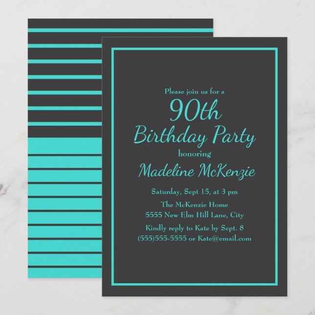 Black Turquoise Striped 90th Birthday Party Invitation (Front/Back)