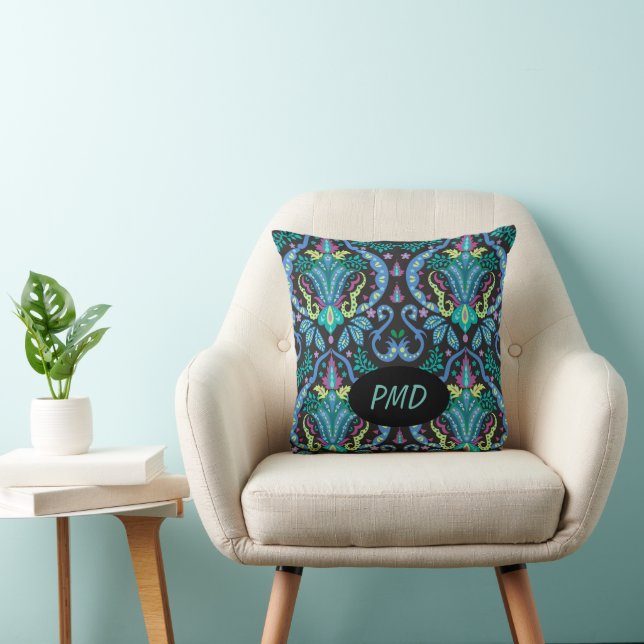 Black Turquoise Teal Modern Damask Floral Monogram Cushion (Chair)