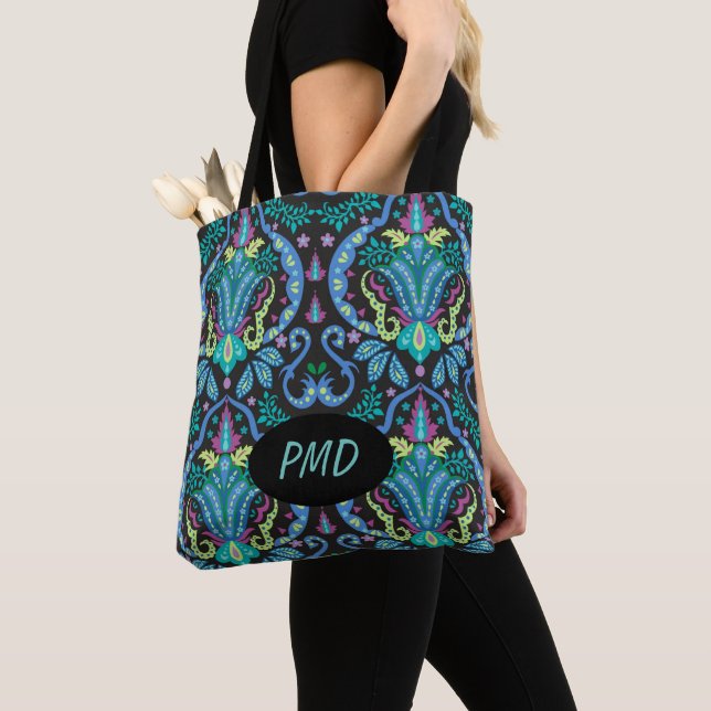 Black Turquoise Teal Modern Damask Floral Monogram Tote Bag (Close Up)
