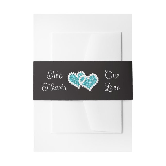 Black, Turquoise Two Hearts, One Love Invitation Belly Band (Front Example)