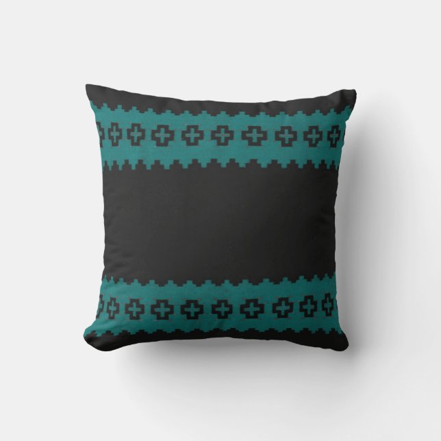Black/Turquoise Vintage Print Cushion (Front)