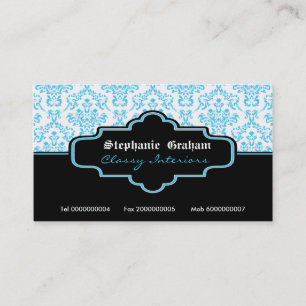 Black turquoise white damask interiors business card
