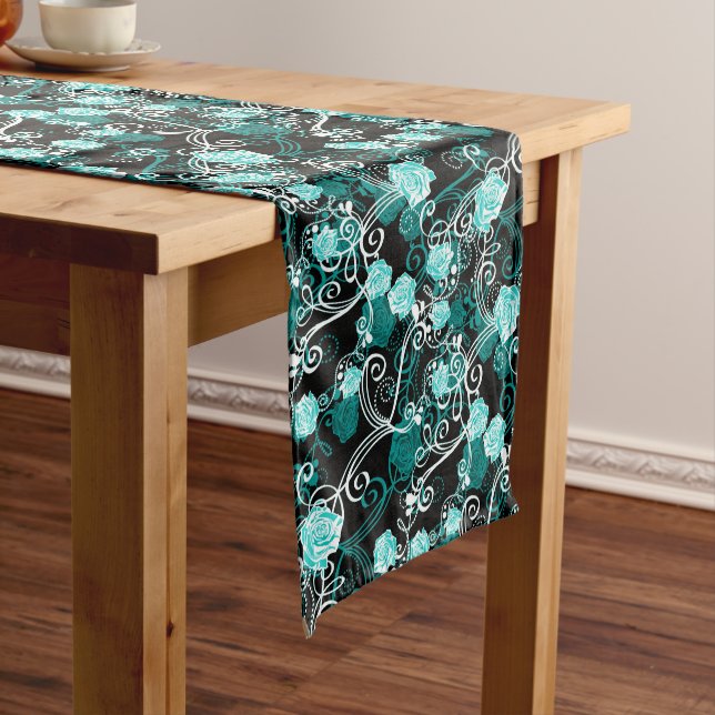 Black Turquoise & White Trendy Rose Floral Medium Table Runner (In Situ)