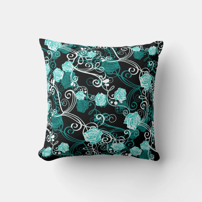 Black Turquoise & White Trendy Rose Pattern Cushion (Front)