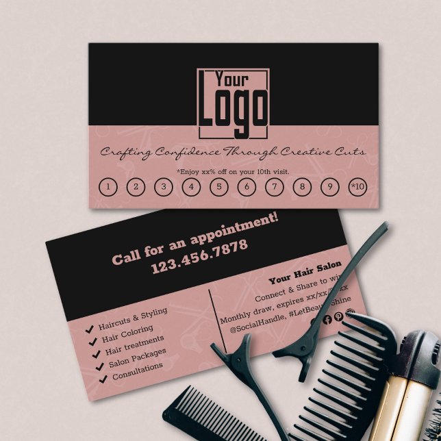 Black & Tuscany Pink Hair Salon Logo Rewards Loyalty Card (Black & Tuscany Pink Hair Salon Logo Rewards Loyalty Card)