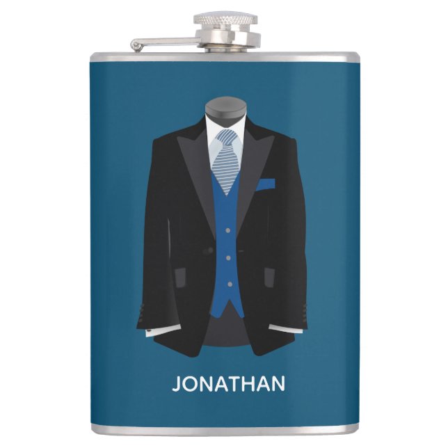 Black Tux with Blue Vest Personalise Wedding Hip Flask (Front)