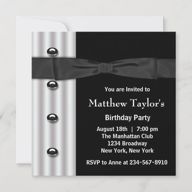 Black Tuxedo Black Bow Tie Mens Birthday Party Invitation (Front)