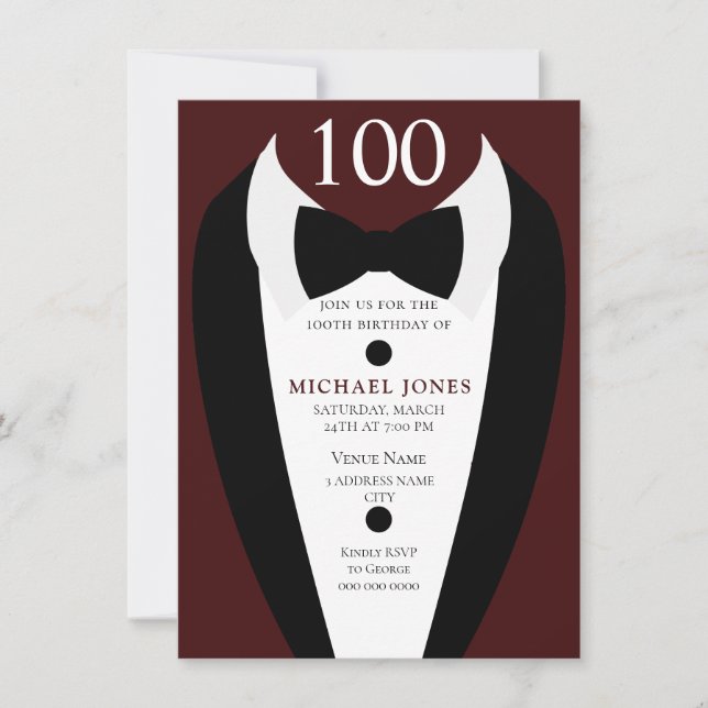 Black Tuxedo Burgundy 100th Birthday Party Invite (Front)