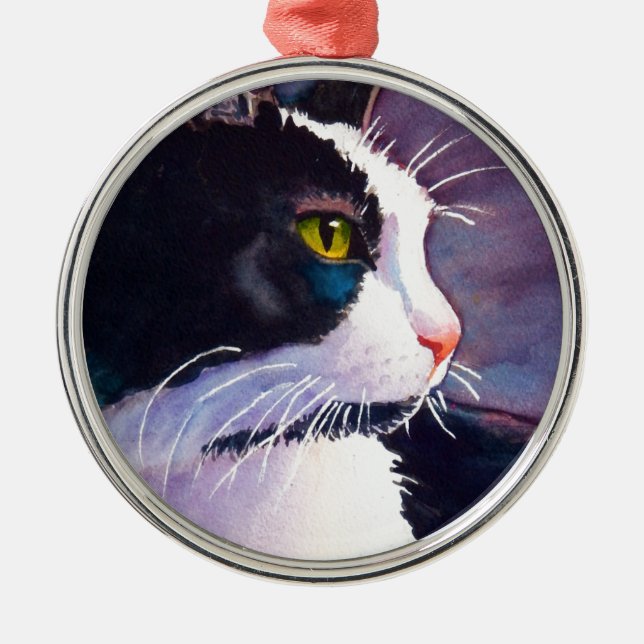 Black Tuxedo Cat in Stormy Mood Metal Ornament (Front)