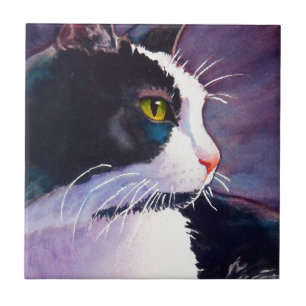 Black Tuxedo Cat in Stormy Mood Tile