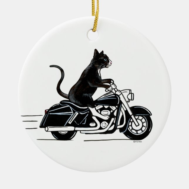 Black tuxedo cat riding a motorcycle ceramic ornament (Front)