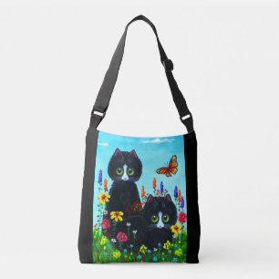Black Tuxedo Cats and Colorful Flowers Crossbody Bag