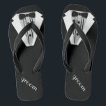 Black Tuxedo Flip Flop | Grooms Beach Wedding Tux<br><div class="desc">The perfect touch to your beach or poolside wedding. Black flip flops with a black and white formal tuxedo image. Your groom will marry in style with these fashionable "tuxedo flip-flop sandals" Add a matching wedding gown style for the bride! Please visit my store "The Hungarican Princess ™" at www.zazzle.com/hungaricanprincess*....</div>