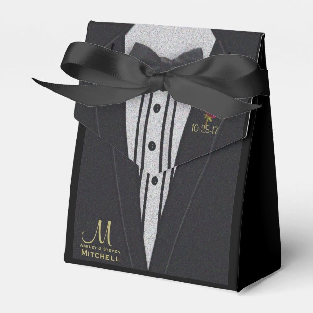 Black Tuxedo Monogram w/ Red Rose Favour Box (Front Side)