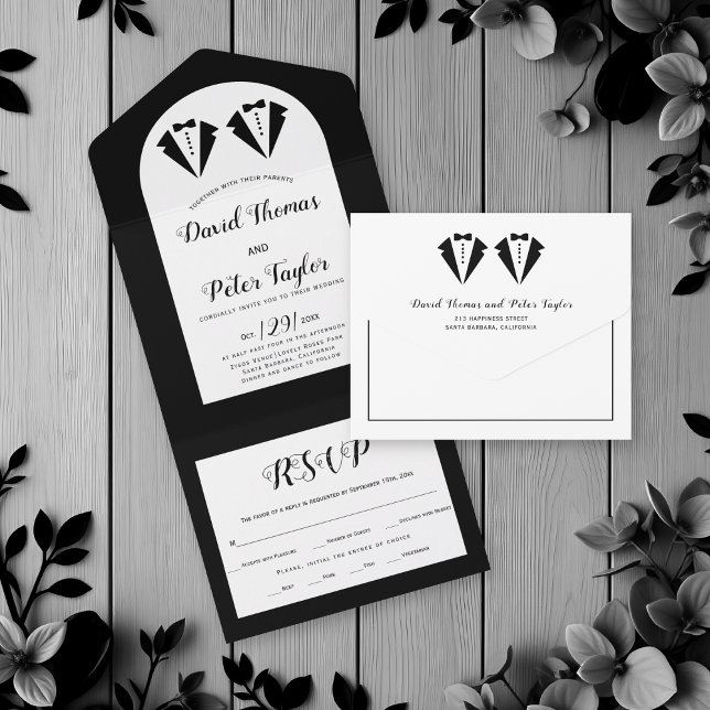 Black tuxedo Mr and Mr two grooms gay wedding All In One Invitation (Creator Uploaded)