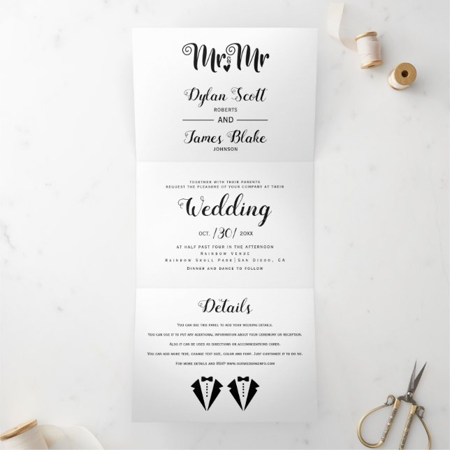 Black tuxedo Mr and Mr two grooms gay wedding Tri-Fold Invitation (Inside)