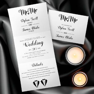 Black tuxedo Mr and Mr two grooms gay wedding Tri-Fold Invitation