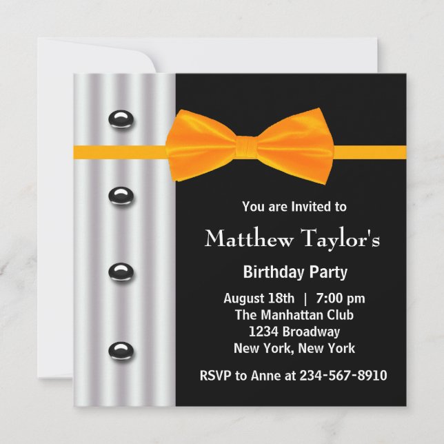 Black Tuxedo Orange Bow Tie Mens Birthday Party Invitation (Front)
