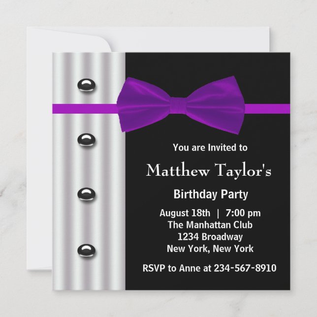 Black Tuxedo Purple Bow Tie Mens Birthday Party Invitation (Front)