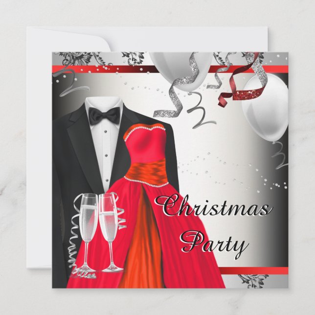 Black Tuxedo Red Dress Christmas PArty Invitation (Front)