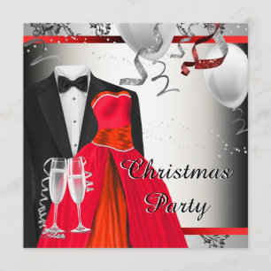 Black Tuxedo Red Dress Christmas PArty Invitation