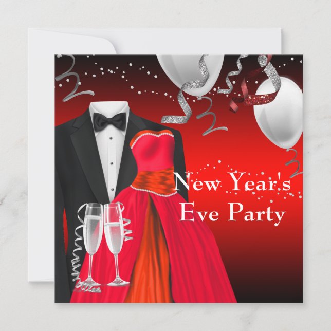 Black Tuxedo Red Dress New Years Eve Party Invitation (Front)