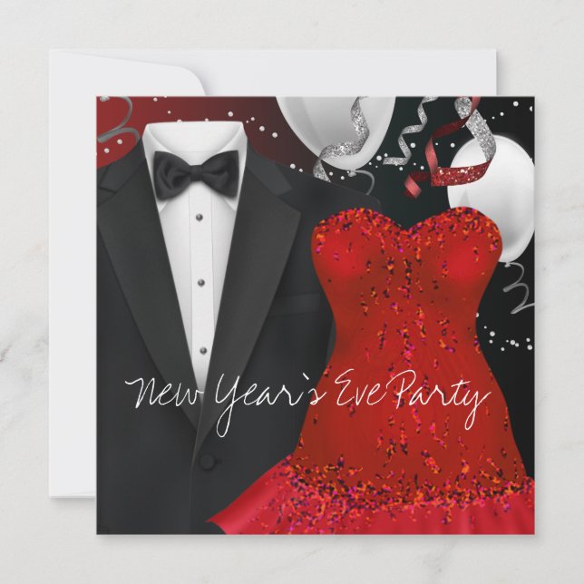 Black Tuxedo Red Dress Party Invitation Template (Front)